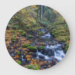 Grande Horloge Ronde Feuilles d'automne éparpillées le long du ruisseau