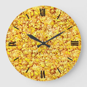 Grande Horloge Ronde Feuilles d'automne, jaune doré