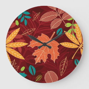 Grande Horloge Ronde Feuilles d'automne : Motif de la nature sans trans
