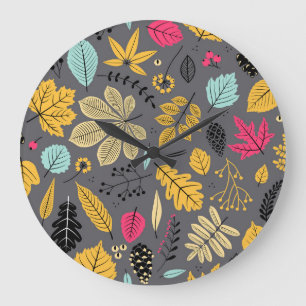 Grande Horloge Ronde Feuilles d'automne : Motif foncé sans couture
