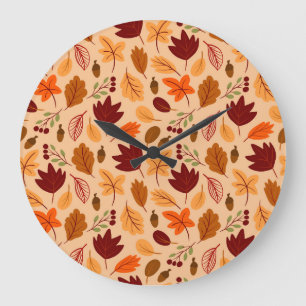 Grande Horloge Ronde Feuilles d'automne, motif simple et enfantin.