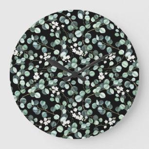 Grande Horloge Ronde Feuilles de l'Eucalyptus : Motif de fleurs blanche