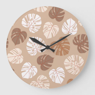 Grande Horloge Ronde Feuilles de Monstera Beige : Motif tendance à la m