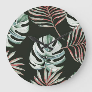 Grande Horloge Ronde Feuilles de palmiers, monstère : aquarelle tropica