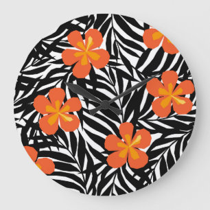 Grande Horloge Ronde Feuilles de palmiers tropicaux, application vintag