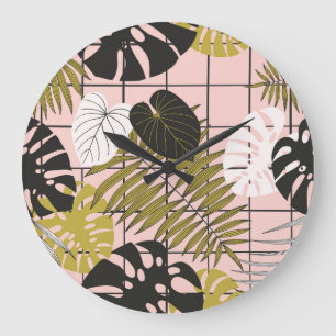 Grande Horloge Ronde Feuilles de palmiers tropicaux, été élégant.