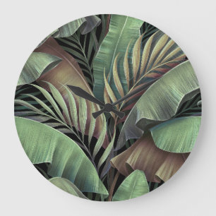 Grande Horloge Ronde Feuilles de palmiers tropicaux, illustration 3D de