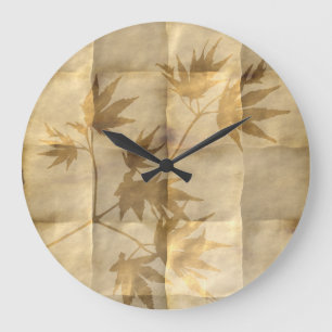Grande Horloge Ronde Feuilles d'érable or sur papier parchemin élégant