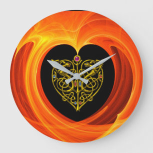 Grande Horloge Ronde FEUILLES D'OR, jaune orange noir