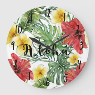 Grande Horloge Ronde Feuilles et fleurs botaniques tropicales Floral Al