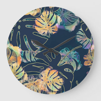 Grande Horloge Ronde Feuilles exotiques peints à la main : motif sans c
