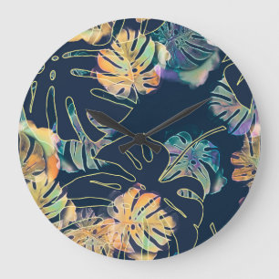 Grande Horloge Ronde Feuilles exotiques peints à la main : motif sans c