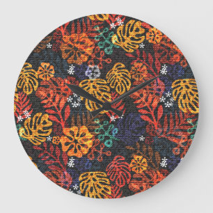 Grande Horloge Ronde Feuilles exotiques sur denim, impression transpare