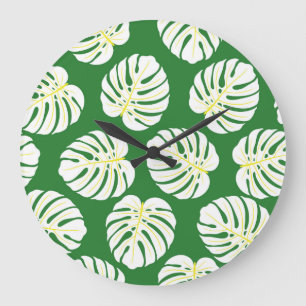 Grande Horloge Ronde Feuilles Monstera, Vintage vert foncé.