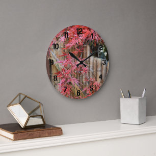 Grande Horloge Ronde Feuilles rouges de érable japonais et bambou