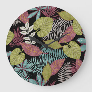 Grande Horloge Ronde Feuilles sombres tropicaux : Motif textile