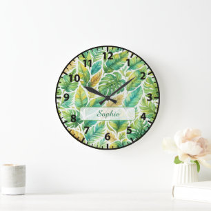 Grande Horloge Ronde Feuilles Tropicales Vertes Esthétiques Nom Personn