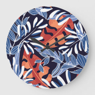 Grande Horloge Ronde Feuilles tropicaux colorés Arrière - plan bleu