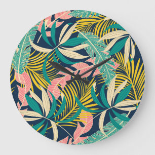 Grande Horloge Ronde Feuilles tropicaux colorés : motif d'été.