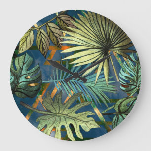 Grande Horloge Ronde Feuilles tropicaux, formes géométriques motif