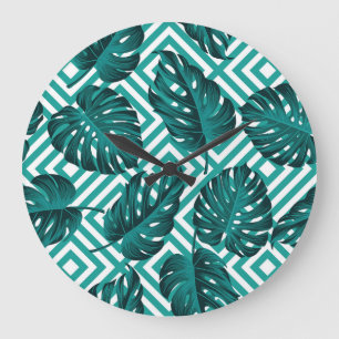 Grande Horloge Ronde Feuilles tropicaux : Motif Floral sans joint.