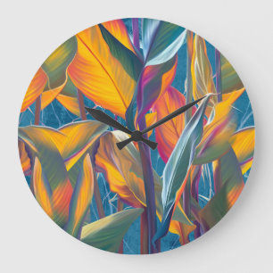 Grande Horloge Ronde Feuilles tropicaux, mur de béton grinçant.