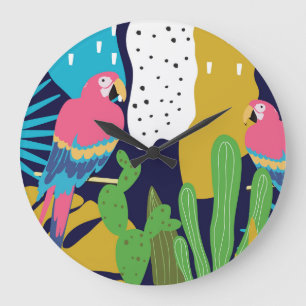 Grande Horloge Ronde Feuilles tropicaux, perroquets : arrière - plan d'
