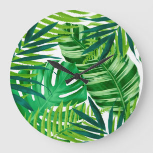 Grande Horloge Ronde Feuilles tropicaux verts