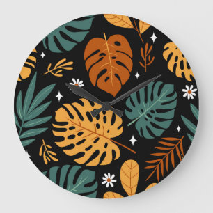Grande Horloge Ronde Feuilles tropicaux : Vintage foncé sans couture.