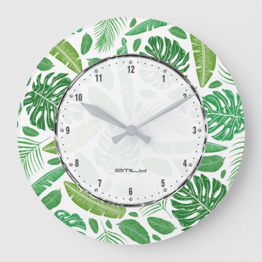 Grande Horloge Ronde Feuilles vertes motif transparent (Recto)