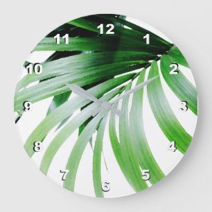 Grande Horloge Ronde Feuilles verts tropicaux