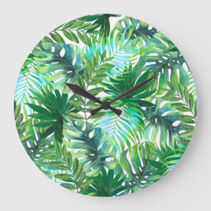 Grande Horloge Ronde Feuilles verts tropicaux, Aquarelle transparente.