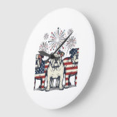Grande Horloge Ronde Feux d'artifice de bouledogue patriotique Gravure  (Angle)