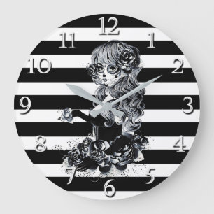 Grande Horloge Ronde Fille aux crânes de sucre jolis rayés noir et blan