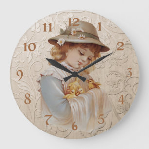 Grande Horloge Ronde Fille avec des petits canards