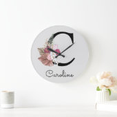 Grande Horloge Ronde Fille Boho rose moderne Floral C initial (Maison)