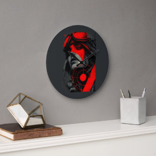 Grande Horloge Ronde Fille Cyberpunk Dystopique Rebelle Cible Rouge