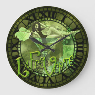 Grande Horloge Ronde Fille d'absinthe en collage en verre