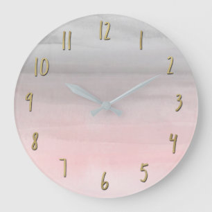 Grande Horloge Ronde Fille d'aquarelle moderne rose et gris brillant
