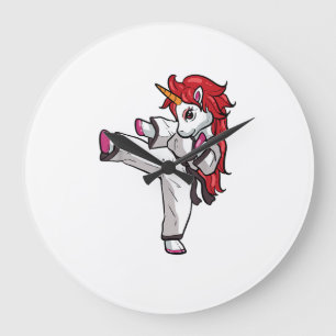 Grande Horloge Ronde Fille de Karaté Licorne Taekwondo Jiu Jitsu MMA BJ