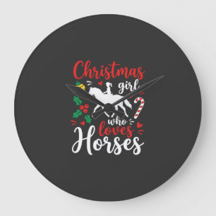 Grande Horloge Ronde Fille de Noël qui aime les chevaux