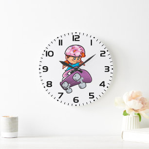 Grande Horloge Ronde Fille de skateuse Fun Casque Rose Planche à Roulet