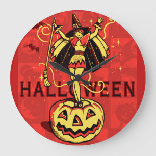 Grande Horloge Ronde Fille de sorcière de Halloween (cru)