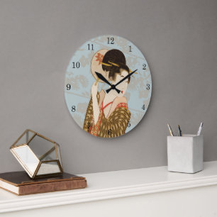 Grande Horloge Ronde Fille Geisha Japonaise Vintage en Kimono avec Éven