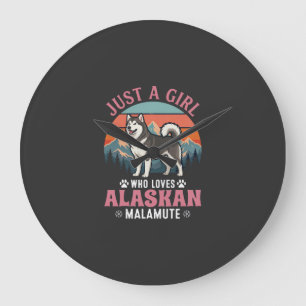 Grande Horloge Ronde Fille Juste Malamute d'Alaska Chien Rétro Montagne