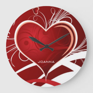 Grande Horloge Ronde Fille Monogrammé Coeur Abstrait rouge et blanc