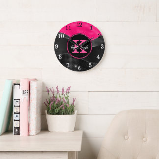 Grande Horloge Ronde Fille Noir Hot rose Gris Vagues Glam Monogramme No