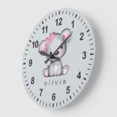 Grande Horloge Ronde Fille personnalisée rose Teddy Bear Grey (Angle)