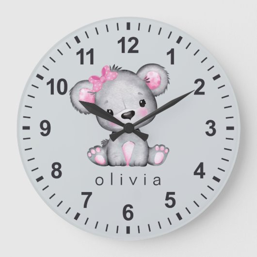 Grande Horloge Ronde Fille personnalisée rose Teddy Bear Grey (Recto)