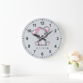 Grande Horloge Ronde Fille personnalisée rose Teddy Bear Grey (Maison)